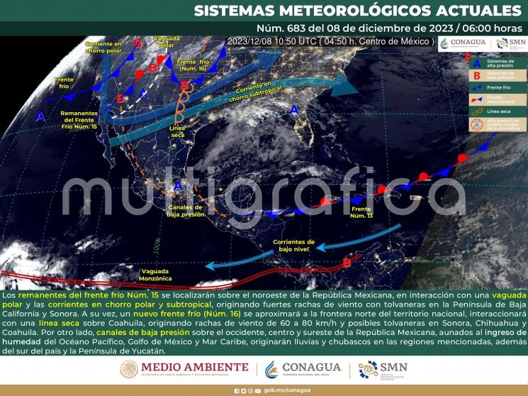 Se espera que el probable frente frío (16) cruce con rapidez el estado de Veracruz entre la madrugada y las primeras horas de la tarde del domingo 10, impulsado por una potente masa de aire polar que invadirá el norte, noreste, este y sureste del país, así como el Golfo de México, ocasionando lluvias fuertes, tormentas, Norte intenso, oleaje elevado y descenso de temperatura.