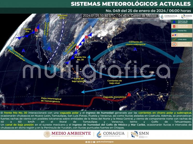 El frente frío 30 se mueve por el norte del estado de Veracruz y se espera que alcance el centro de este, esta tarde donde tenderá a estacionarse y retornar como cálido hacia el noroeste del Golfo de México mañana viernes 26.