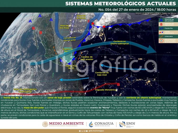 El frente frío 31 sobre el extremo norte del estado de Veracruz, se mueve hacia el sureste impulsado por su masa de aire polar, sistemas que se espera se muevan sobre el resto de la vertiente y península de Yucatán este fin de semana, ocasionando potencial alto de lluvias, evento de Norte fuerte con rachas violentas, oleaje elevado y descenso de temperatura en la entidad veracruzana. 