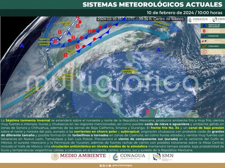  Cielo medio nublado con lluvias aisladas en Tamaulipas y cielo parcialmente nublado y sin lluvia en Veracruz y Tabasco. Ambiente matutino fresco, y frío con posibles heladas y bancos de niebla en zonas serranas, siendo muy frío en zonas montañosas de Veracruz. Por la tarde, ambiente templado a cálido. Viento de componente sur (surada) de 10 a 25 km/h con rachas de 40 a 60 km/h en la región. 