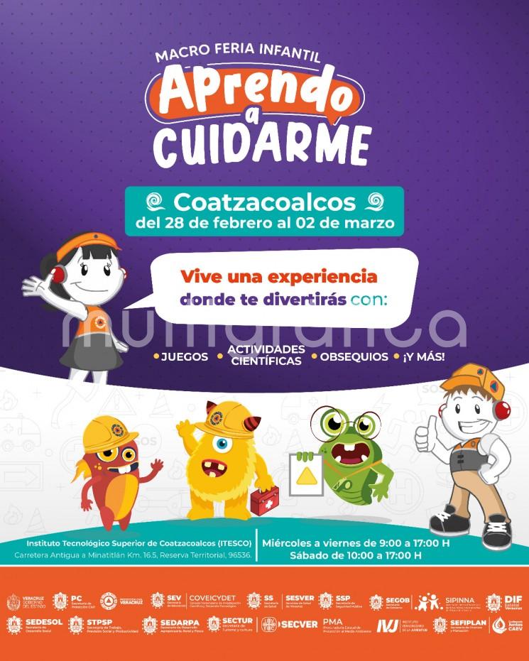 Del 28 de febrero al 2 de marzo, Coatzacoalcos será sede de la novena Macro Feria Infantil Aprendo a Cuidarme, con al menos 79 actividades que permitirán a la niñez y la adolescencia reforzar sus conocimientos en la cultura de la protección y el autocuidado.