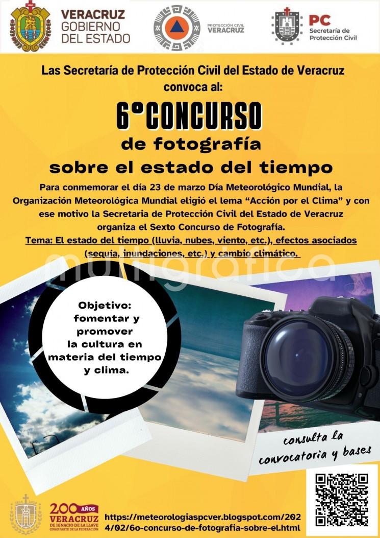 La Secretaría de Protección Civil invita a participar en  el Sexto Concurso de Fotografía relacionadas con el estado del tiempo (lluvia, nubes, viento, etc.), efectos asociados (sequía, inundaciones, etc.) y cambio climático. 