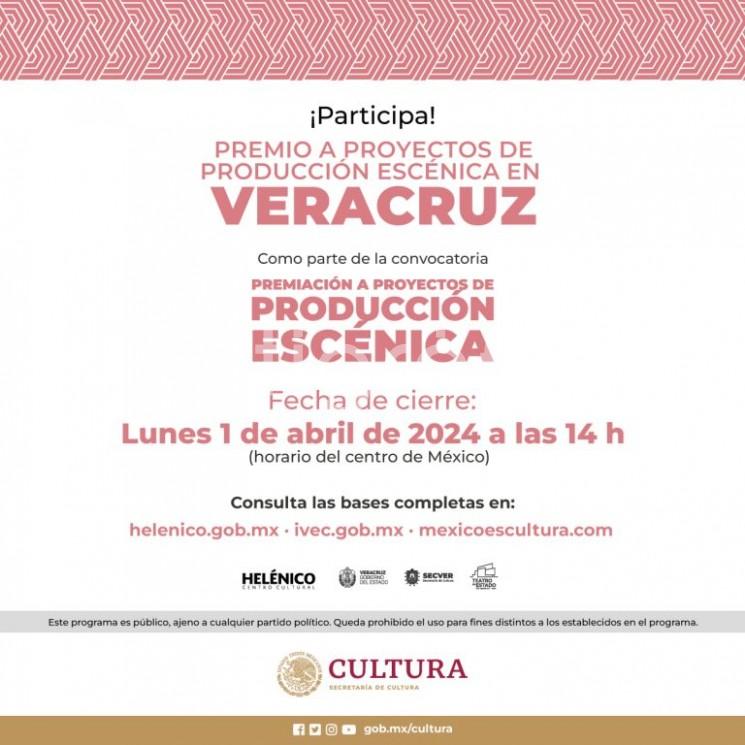 La Secretaría de Cultura del Gobierno de México, a través del Centro Cultural Helénico, en coordinación con la Secretaría de Cultura de Veracruz, invita a las y los artistas a participar en la convocatoria: Premiación a proyectos de producción escénica en Veracruz 2024. 