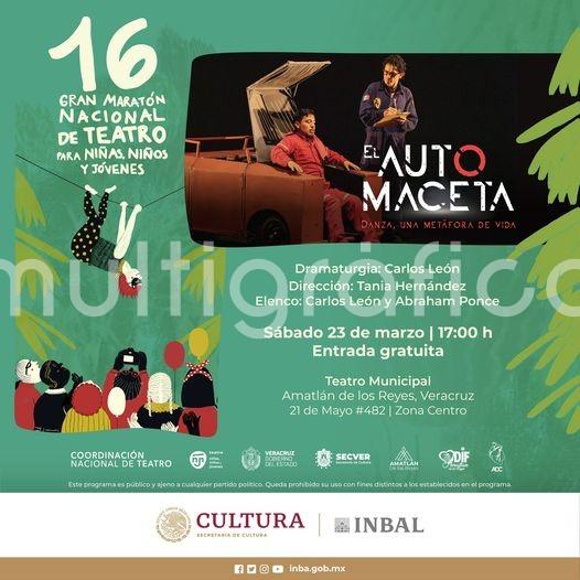 Los próximos 23 y 24 de marzo se llevará a cabo la décimo sexta edición del Gran Maratón Nacional de Teatro para niñas, niños y jóvenes, un gran festejo organizado por la Coordinación Nacional de Teatro del Instituto Nacional de Bellas Artes y Literatura en conmemoración por el Día Mundial del Teatro para Niñas, Niños y Jóvenes.