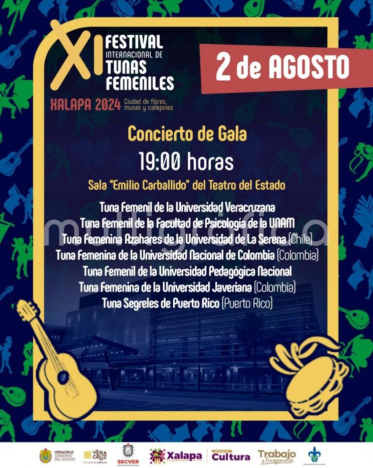 Como parte del XI Festival Internacional de Tunas Femeniles Xalapa 2024 se llevará a cabo el tradicional  Concierto de Gala, el viernes 2 de agosto en la sala Emilio Carballido del Teatro del Estado, cuyo acceso será gratuito, pero controlado a través de boletos, mismos que a partir de esta semana se estarán distribuyendo en algunos puntos de la capital veracruzana. 