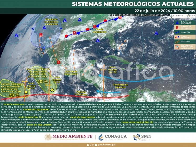 Una vaguada semipermanente sobre el oeste-suroeste del Golfo de México y el avance hacia el oeste de la onda tropical 13 con eje esta mañana al sur del oeste de Cuba, seguirán combinándose con el comportamiento del viento en altura (cizalladura-divergencia) para mantener el Temporal Lluvioso en el estado de Veracruz, con tormentas eléctricas y algunos eventos localmente fuertes e intensos.