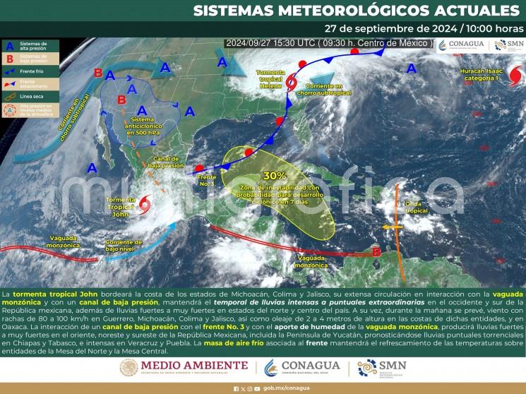 Cielo nublado con lluvias puntuales torrenciales en Tabasco; e intensas en Veracruz, todas con descargas eléctricas, las cuáles podrían ocasionar deslaves, inundaciones y encharcamientos, así como incrementar los niveles de ríos y arroyos.