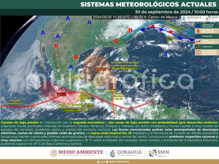 Lunes 30: probabilidad de lluvias con tormentas, acumulados de 5 a 20 mm de forma general con máximos de 70 a 150 mm entre las cuencas del Papaloapan al Tonalá, sin descartar mayores a estos rangos de forma más dispersa.