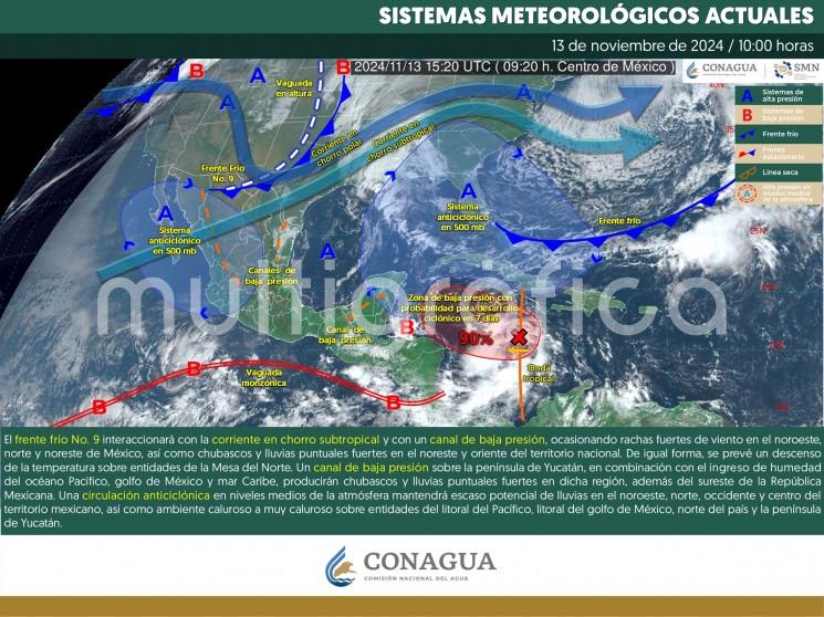 Los modelos de pronóstico sugieren el paso del frente frío 9 por el estado de Veracruz impulsado por una masa de origen polar mañana jueves, modificando el tiempo con aumento del potencial de lluvias y tormentas, viento del Norte de 55 a 70 km/h en costas, oleaje y descenso de temperatura durante ese día. 